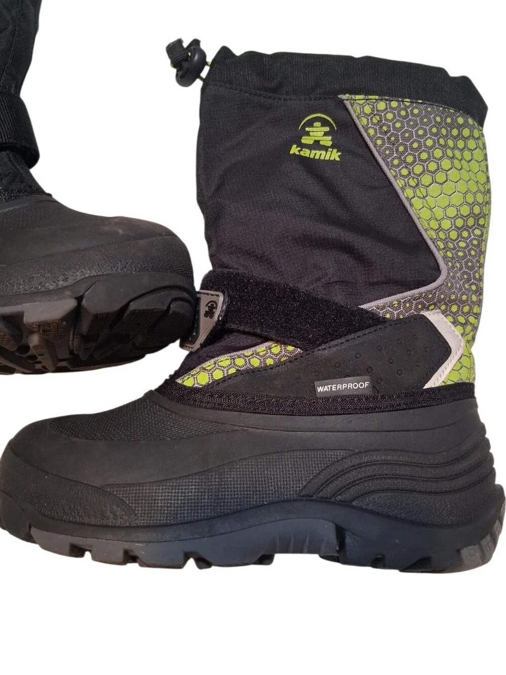 Kamik Kids Waterproof Snow Boots Black Neon Green Toggle Strap Youth Size 1